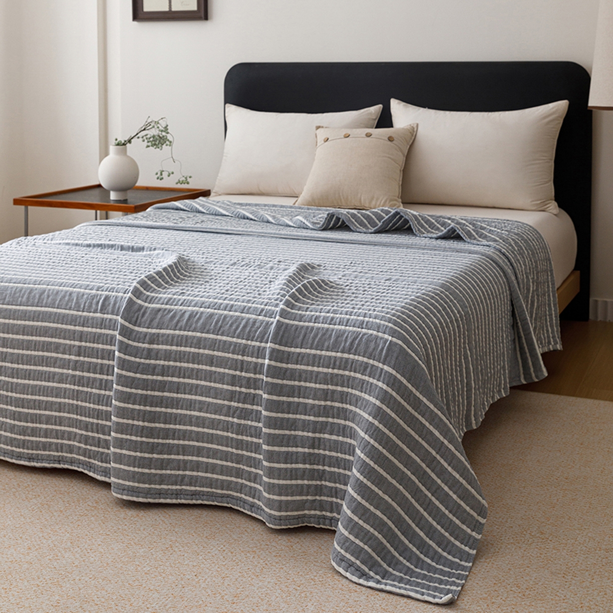 91家纺网 家纺一手货源 找家纺 悦然毛巾被 2026新款全棉外贸条纹格子纱布盖毯 初语蓝