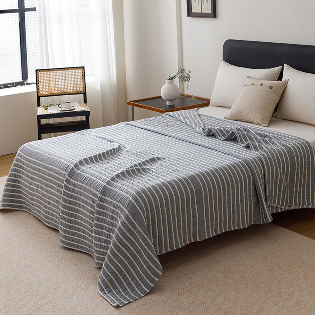 91家纺网 家纺一手货源 找家纺 悦然毛巾被 2026新款全棉外贸条纹格子纱布盖毯 初语蓝