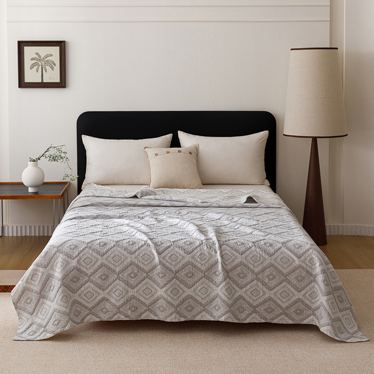 91家纺网 家纺一手货源 找家纺 悦然毛巾被 2026新款全棉外贸条纹格子纱布盖毯 极简灰