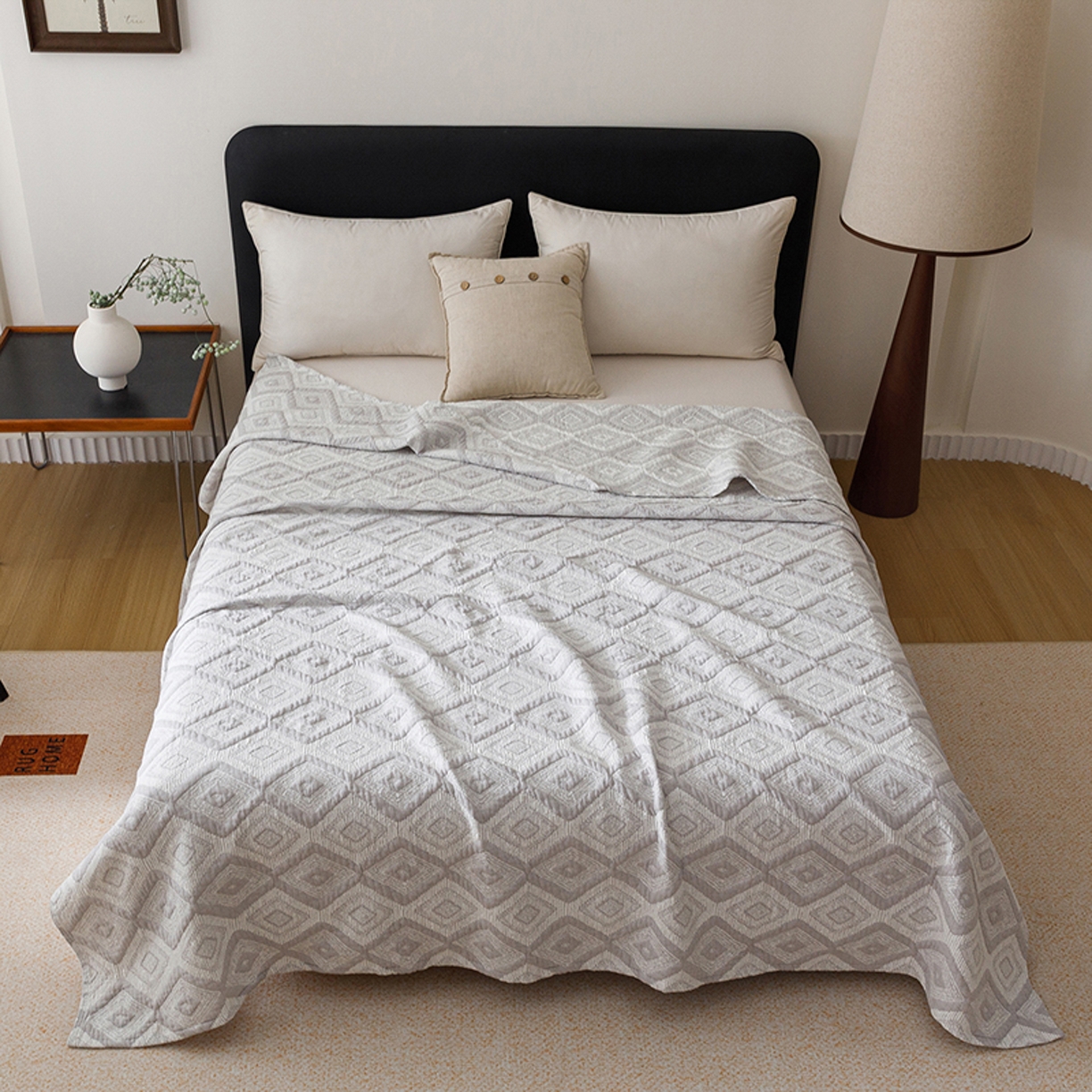 91家纺网 家纺一手货源 找家纺 悦然毛巾被 2026新款全棉外贸条纹格子纱布盖毯 极简灰