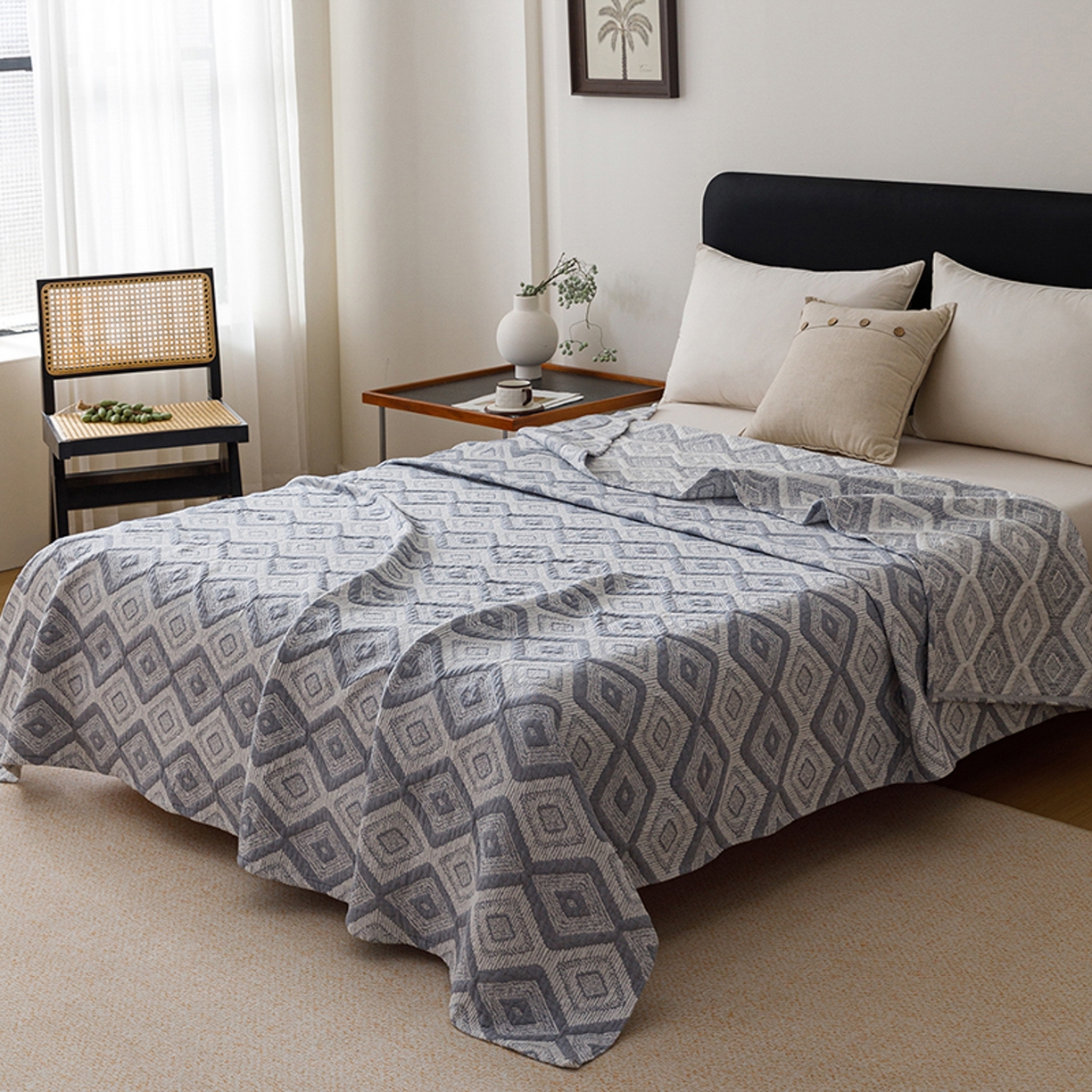 91家纺网 家纺一手货源 找家纺 悦然毛巾被 2026新款全棉外贸条纹格子纱布盖毯 极简蓝