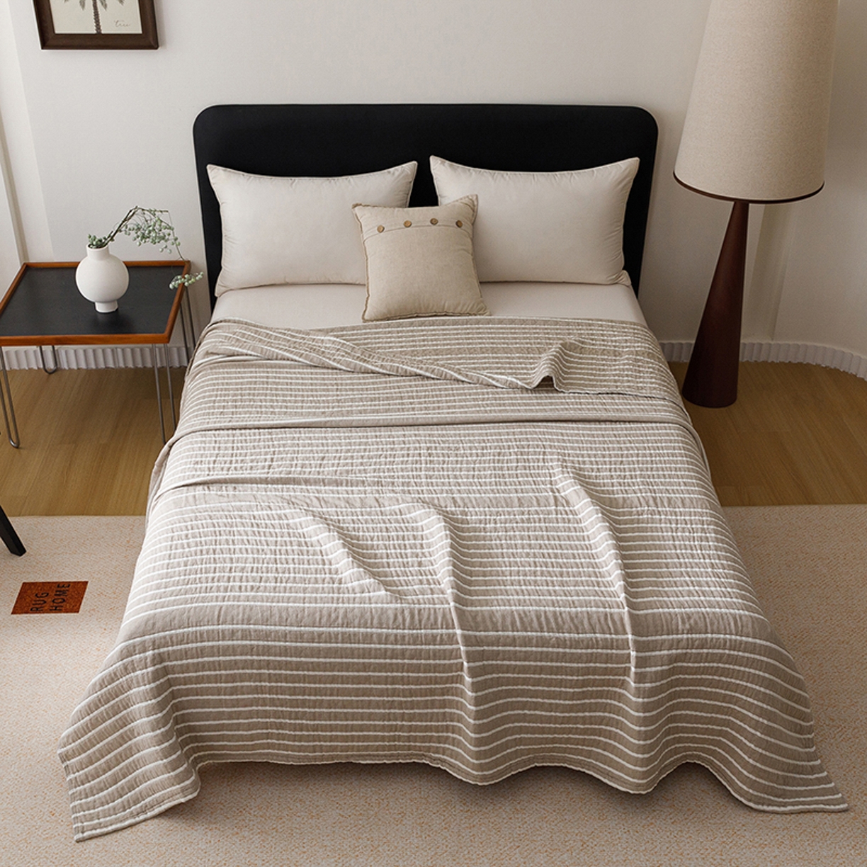 91家纺网 家纺一手货源 找家纺 悦然毛巾被 2026新款全棉外贸条纹格子纱布盖毯 初语棕