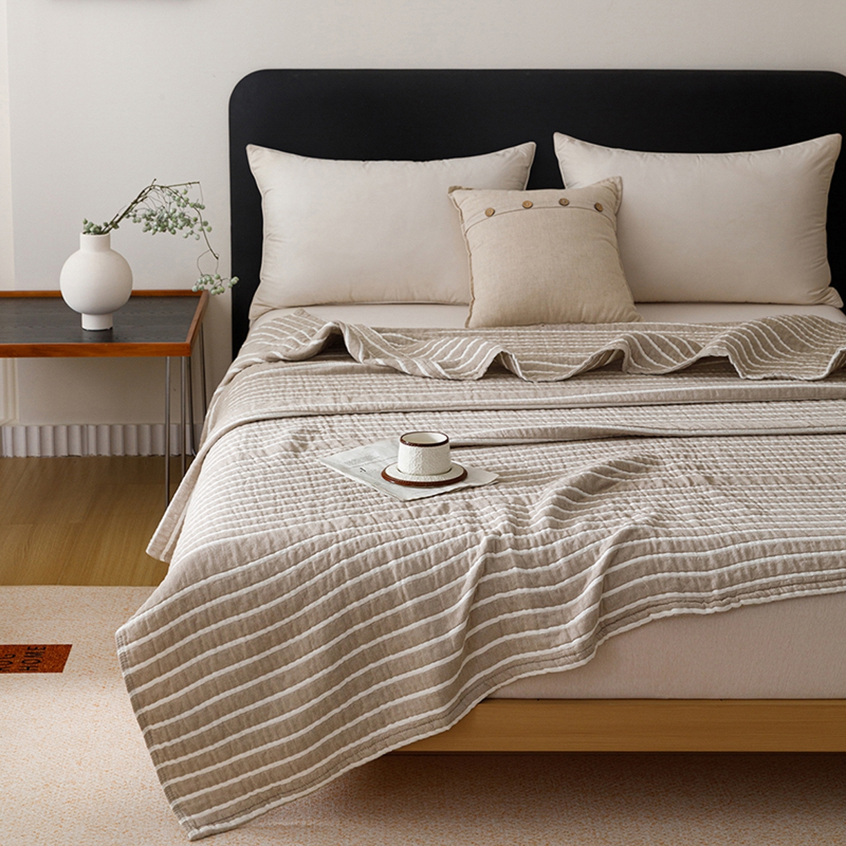 91家纺网 家纺一手货源 找家纺 悦然毛巾被 2026新款全棉外贸条纹格子纱布盖毯 初语棕