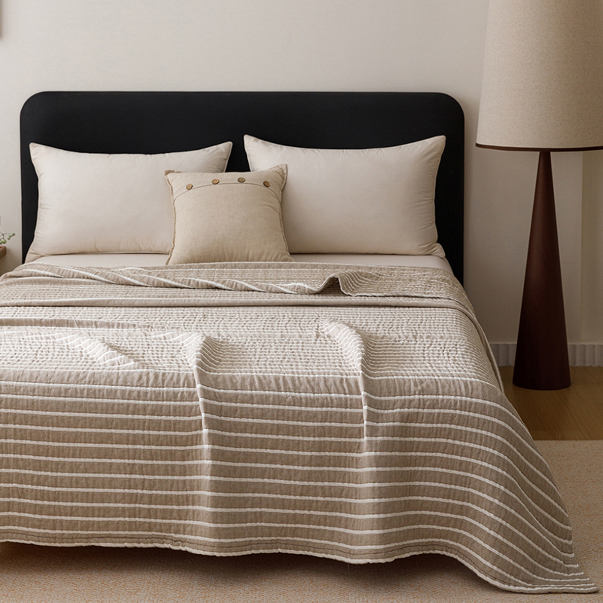 悦然毛巾被 2026新款全棉外贸条纹格子纱布盖毯 初语棕