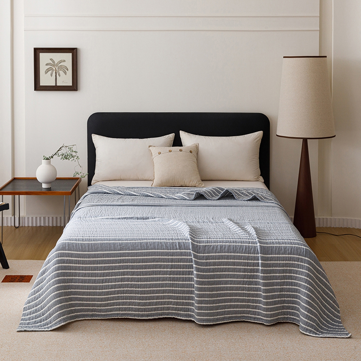 91家纺网 家纺一手货源 找家纺 悦然毛巾被 2026新款全棉外贸条纹格子纱布盖毯 初语蓝