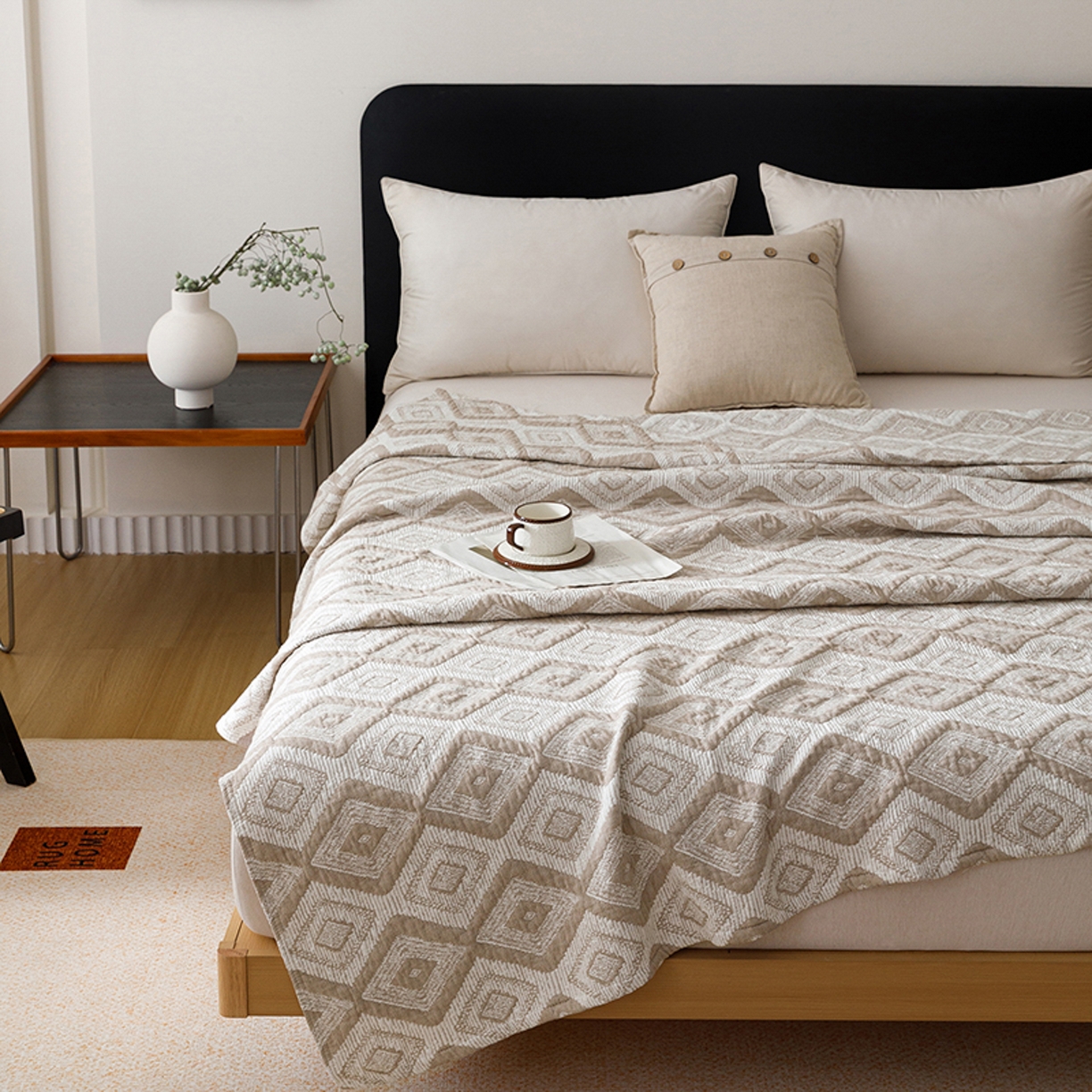 91家纺网 家纺一手货源 找家纺 悦然毛巾被 2026新款全棉外贸条纹格子纱布盖毯 极简棕