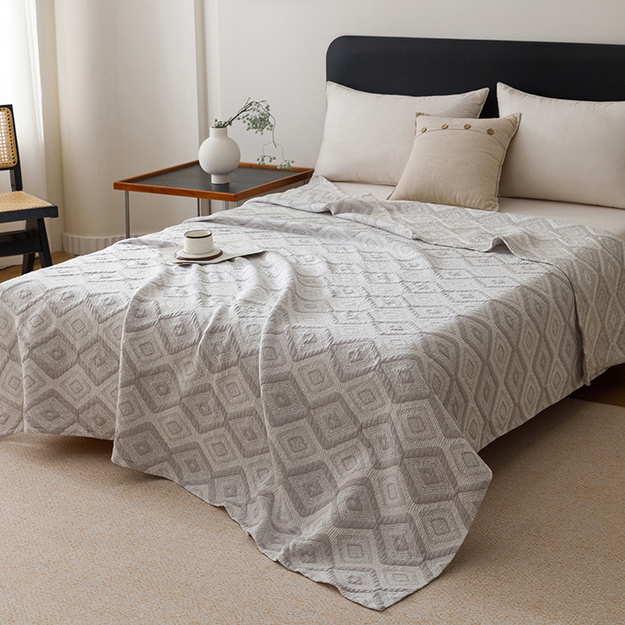 91家纺网 家纺一手货源 找家纺 悦然毛巾被 2026新款全棉外贸条纹格子纱布盖毯 极简灰