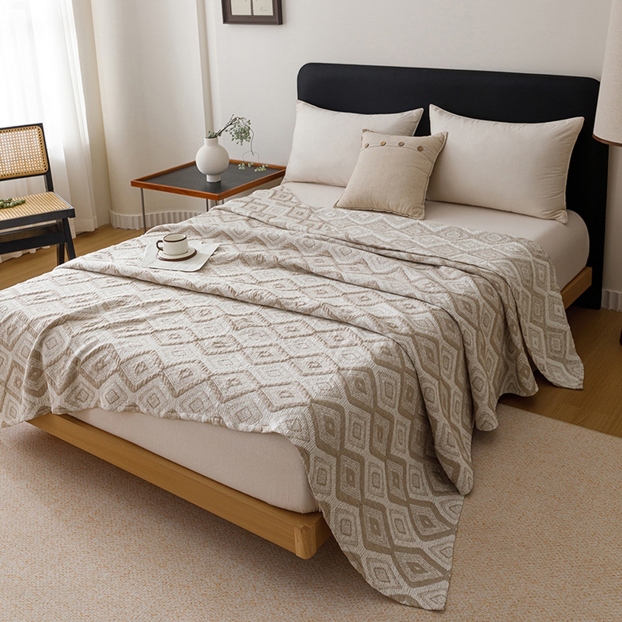 91家纺网 家纺一手货源 找家纺 悦然毛巾被 2026新款全棉外贸条纹格子纱布盖毯 极简棕