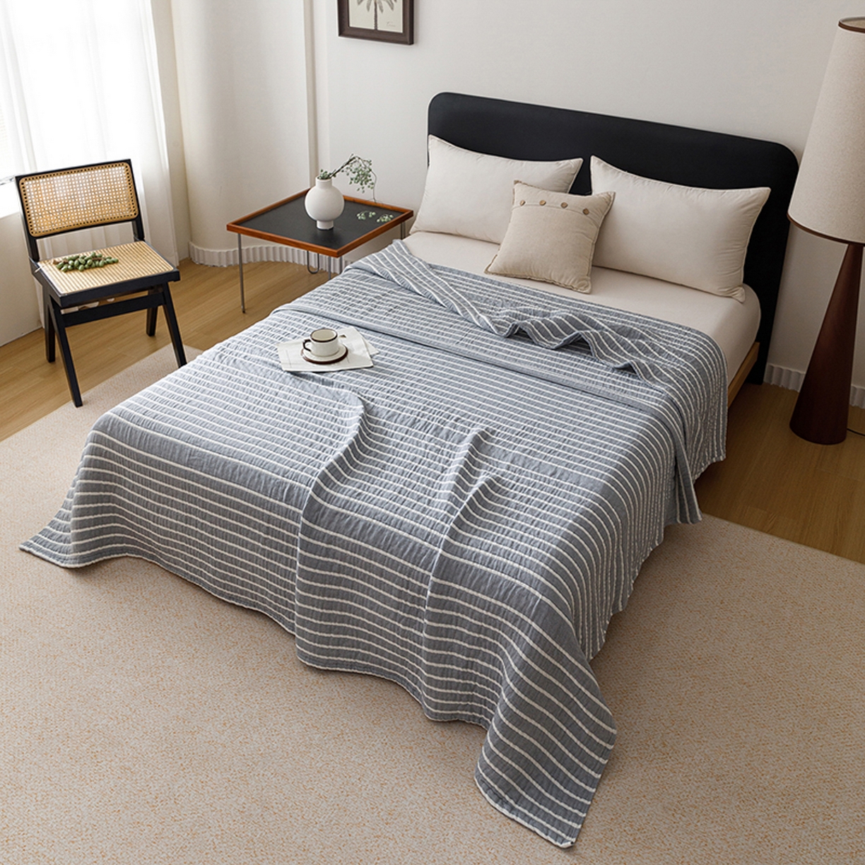 91家纺网 家纺一手货源 找家纺 悦然毛巾被 2026新款全棉外贸条纹格子纱布盖毯 初语蓝