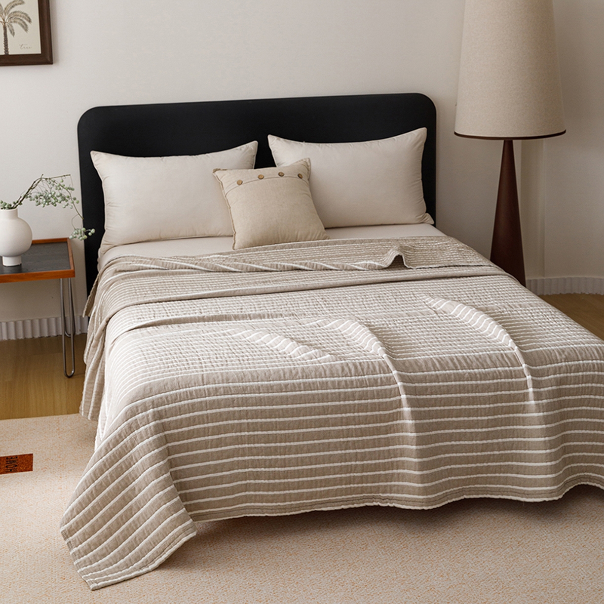 91家纺网 家纺一手货源 找家纺 悦然毛巾被 2026新款全棉外贸条纹格子纱布盖毯 初语棕