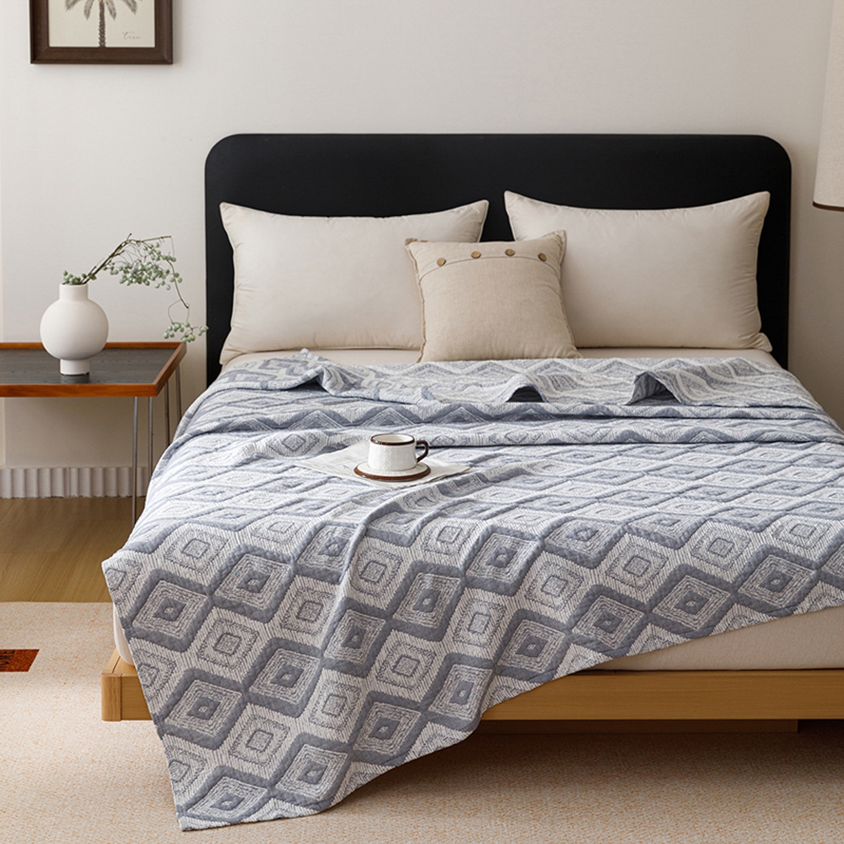 91家纺网 家纺一手货源 找家纺 悦然毛巾被 2026新款全棉外贸条纹格子纱布盖毯 极简蓝