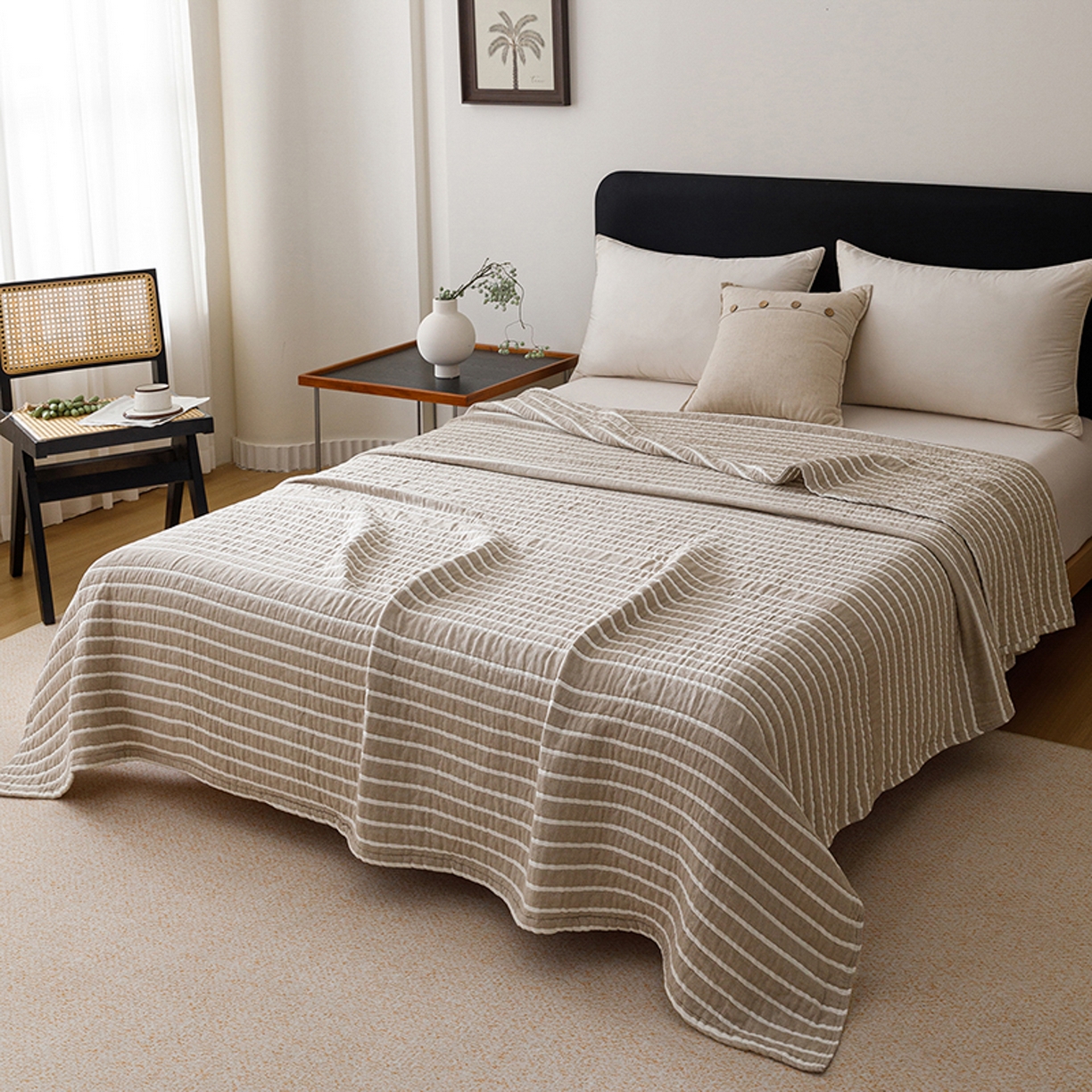 91家纺网 家纺一手货源 找家纺 悦然毛巾被 2026新款全棉外贸条纹格子纱布盖毯 初语棕