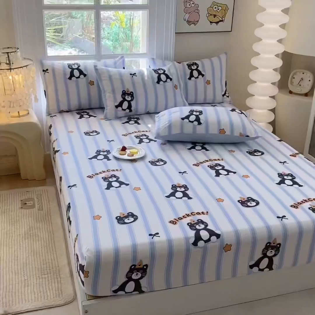 91家纺网 家纺一手货源 找家纺 一电 2026新款跨境电商外贸四季卡通床笠单件床罩床垫套防滑套宿舍儿童床单定制-第八批 憨憨猫
