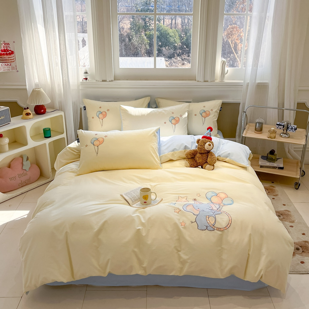 91家纺网 家纺一手货源 找家纺 乐美家纺 2026春夏新款软萌全棉纯棉贴布绣系列四件套 气球小象