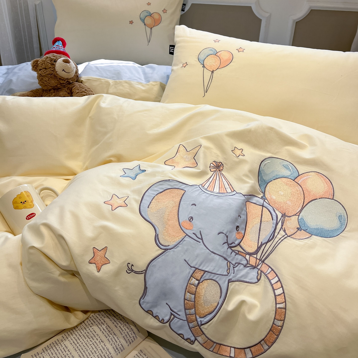 91家纺网 家纺一手货源 找家纺 乐美家纺 2026春夏新款软萌全棉纯棉贴布绣系列四件套 气球小象