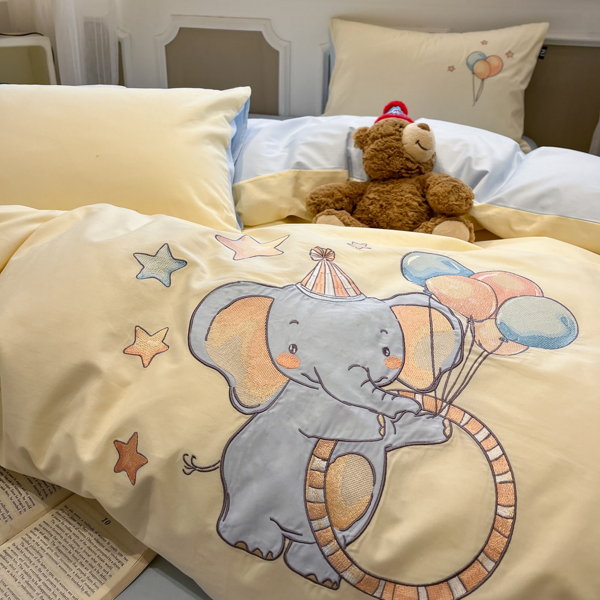 91家纺网 家纺一手货源 找家纺 乐美家纺 2026春夏新款软萌全棉纯棉贴布绣系列四件套 气球小象