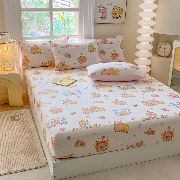91家纺网 家纺一手货源 找家纺 一电 2026新款跨境电商外贸四季卡通床笠单件床罩床垫套防滑套宿舍儿童床单定制-第八批 卡皮巴拉