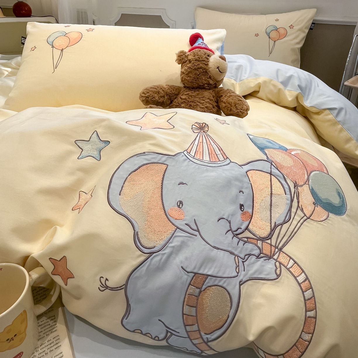 91家纺网 家纺一手货源 找家纺 乐美家纺 2026春夏新款软萌全棉纯棉贴布绣系列四件套 气球小象