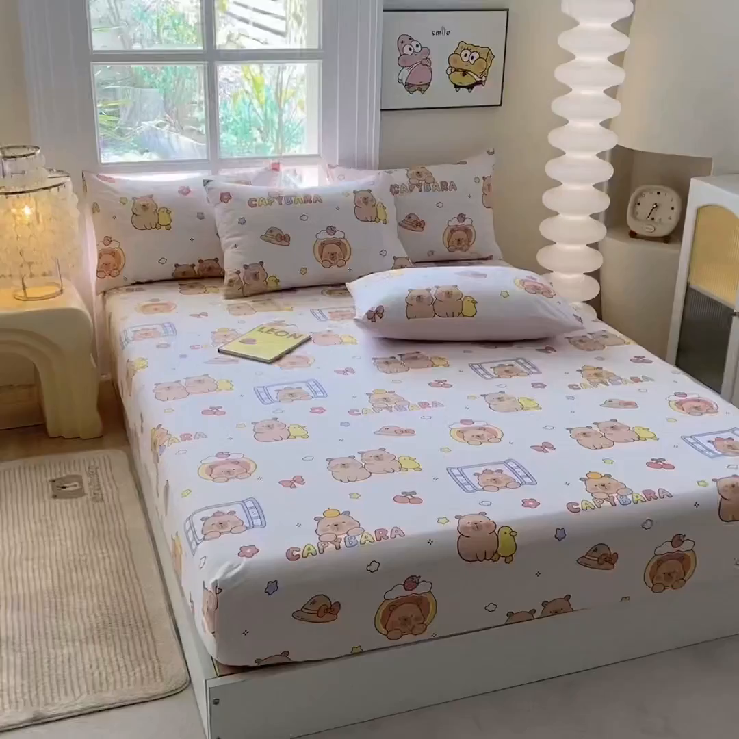 91家纺网 家纺一手货源 找家纺 一电 2026新款跨境电商外贸四季卡通床笠单件床罩床垫套防滑套宿舍儿童床单定制-第八批 卡皮巴拉