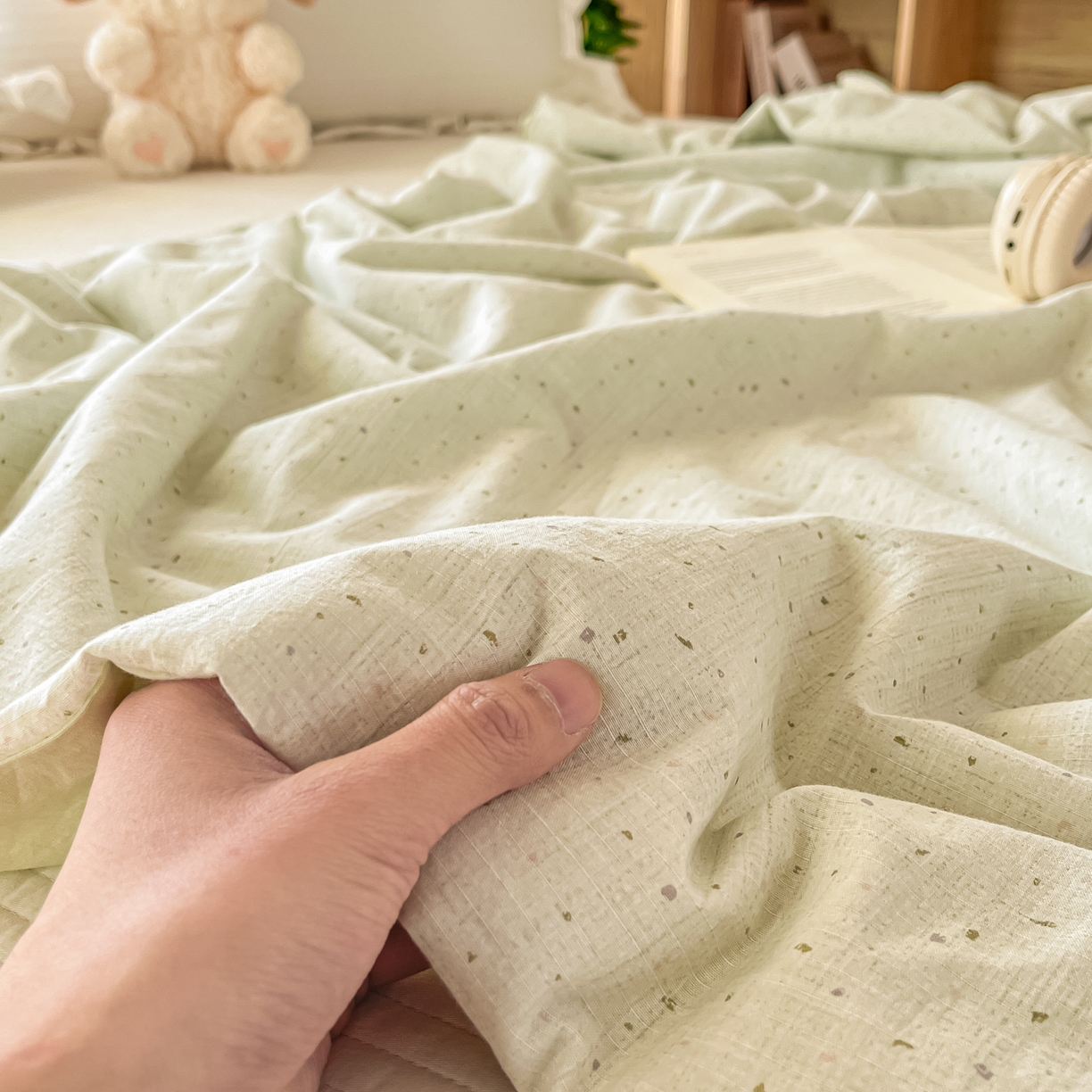 91家纺网 家纺一手货源 找家纺 有货 2026新款全棉棉麻提花印花夏被春秋被被子被-格格花屿系列 爱心抹茶