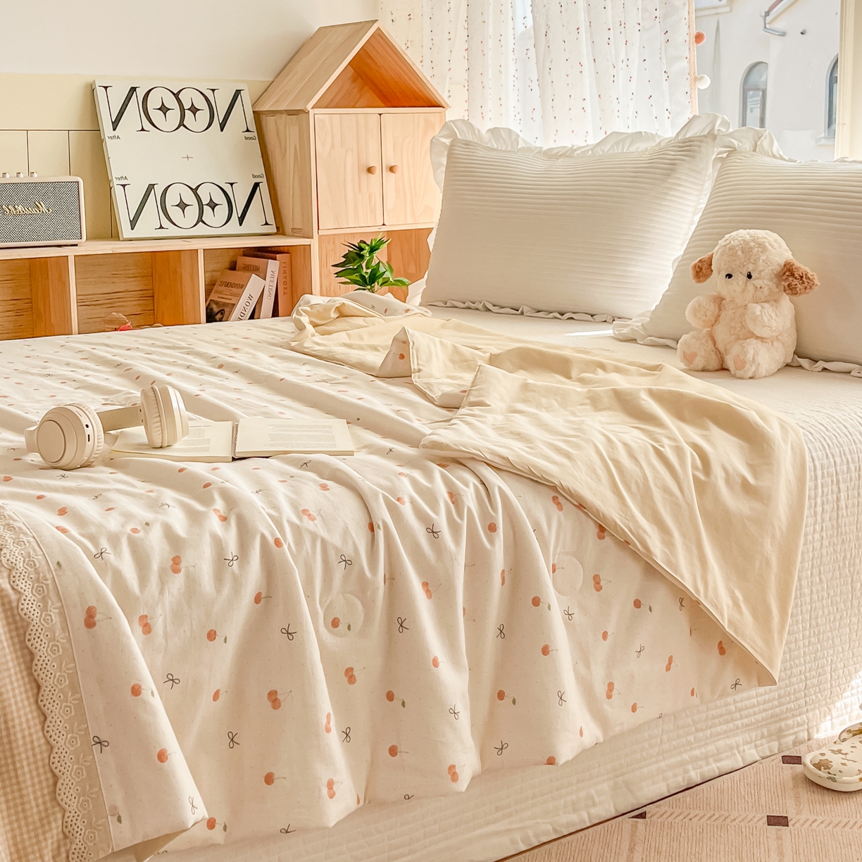 91家纺网 家纺一手货源 找家纺 有货 2026新款全棉棉麻提花印花夏被春秋被被子被-格格花屿系列 蜜杏樱桃