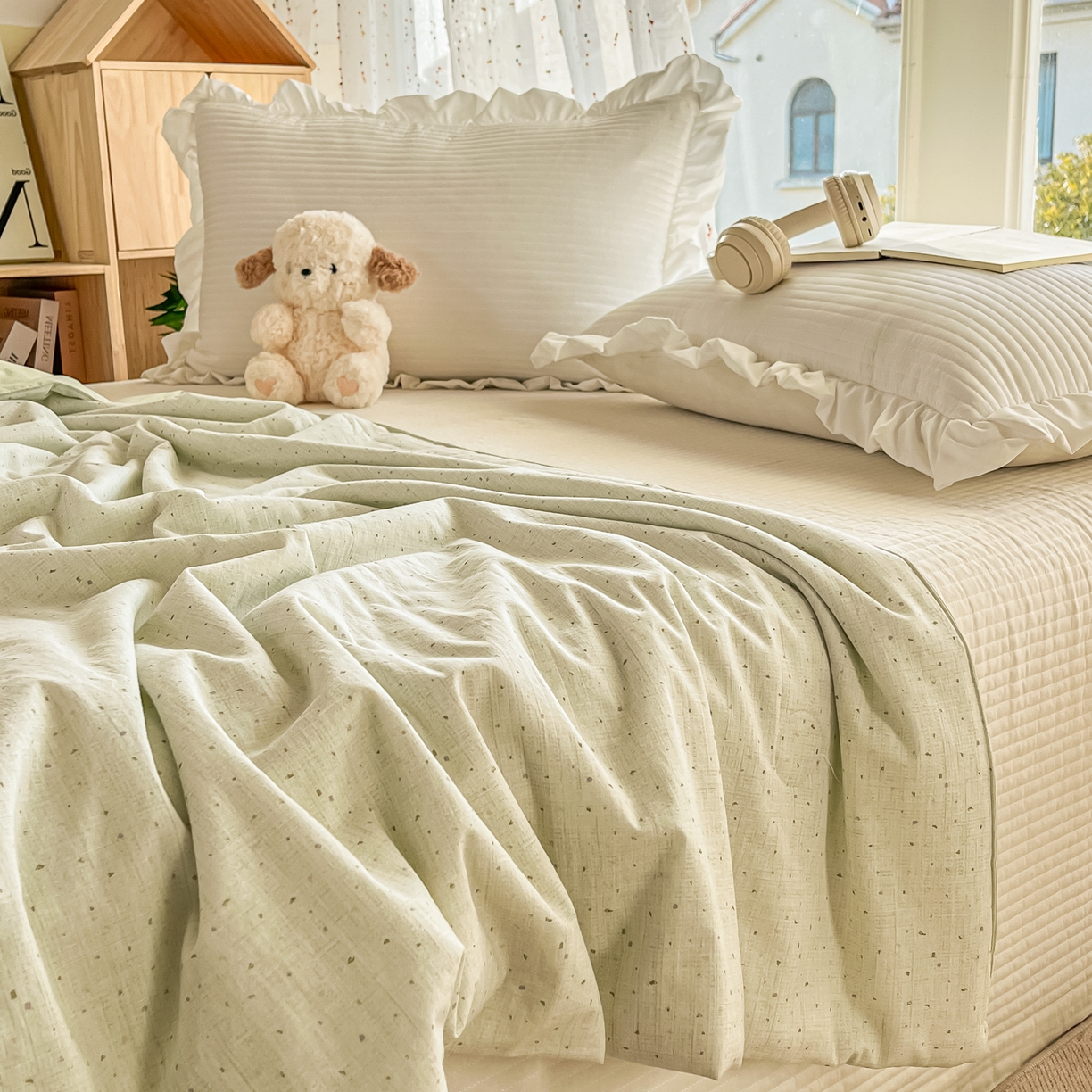 91家纺网 家纺一手货源 找家纺 有货 2026新款全棉棉麻提花印花夏被春秋被被子被-格格花屿系列 爱心抹茶