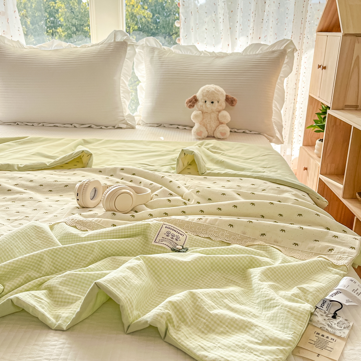 91家纺网 家纺一手货源 找家纺 有货 2026新款全棉棉麻提花印花夏被春秋被被子被-格格花屿系列 青柠木马