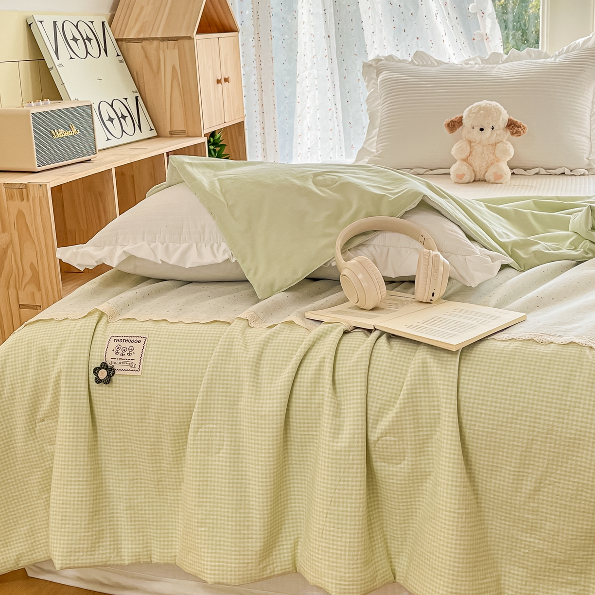 91家纺网 家纺一手货源 找家纺 有货 2026新款全棉棉麻提花印花夏被春秋被被子被-格格花屿系列 爱心抹茶