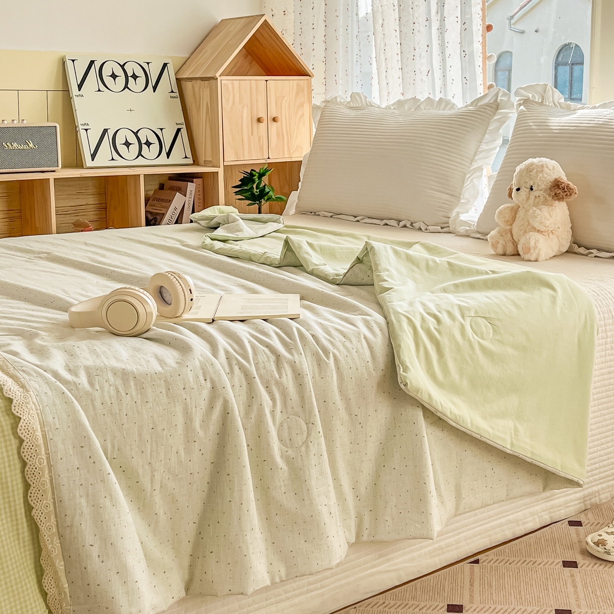 91家纺网 家纺一手货源 找家纺 有货 2026新款全棉棉麻提花印花夏被春秋被被子被-格格花屿系列 爱心抹茶