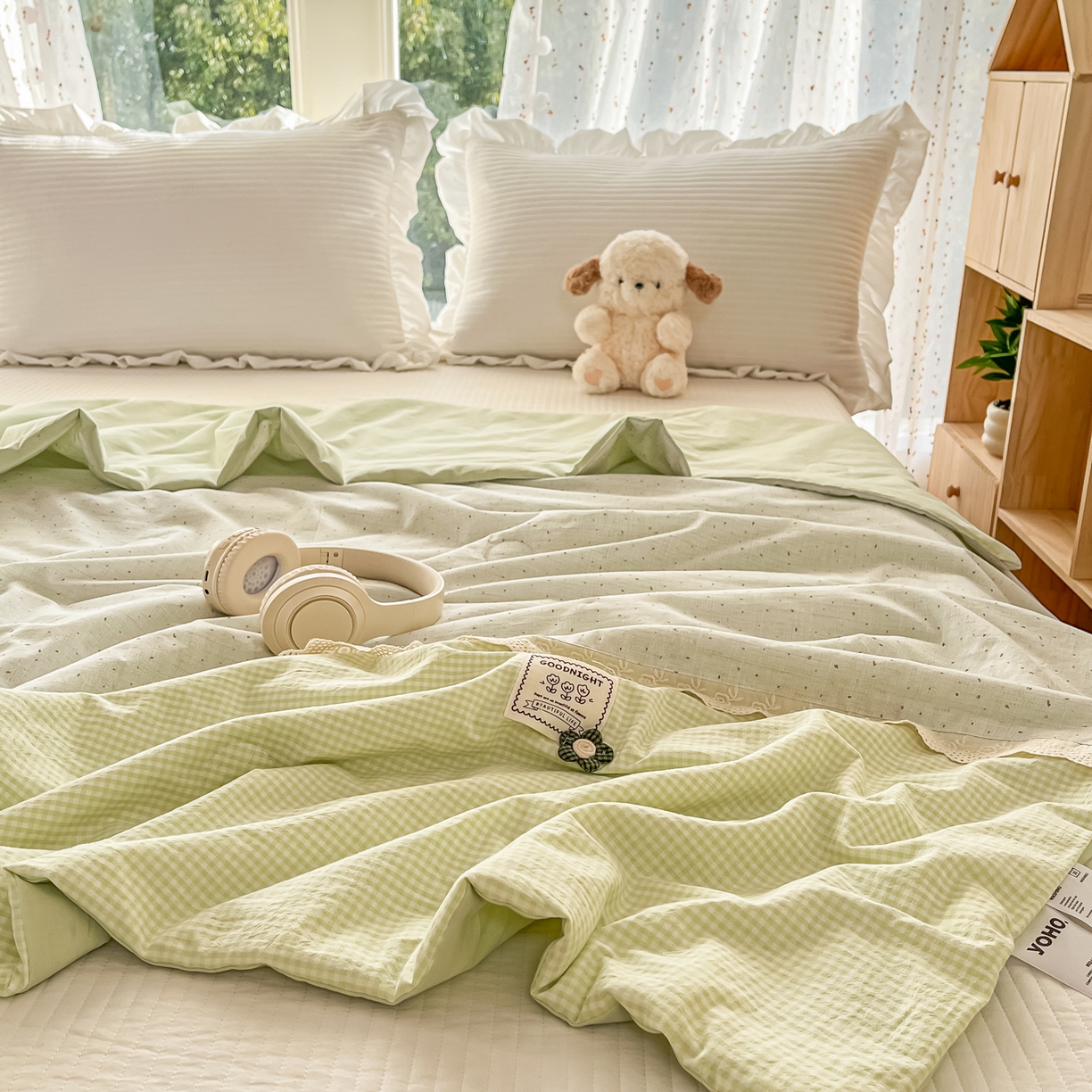 91家纺网 家纺一手货源 找家纺 有货 2026新款全棉棉麻提花印花夏被春秋被被子被-格格花屿系列 爱心抹茶