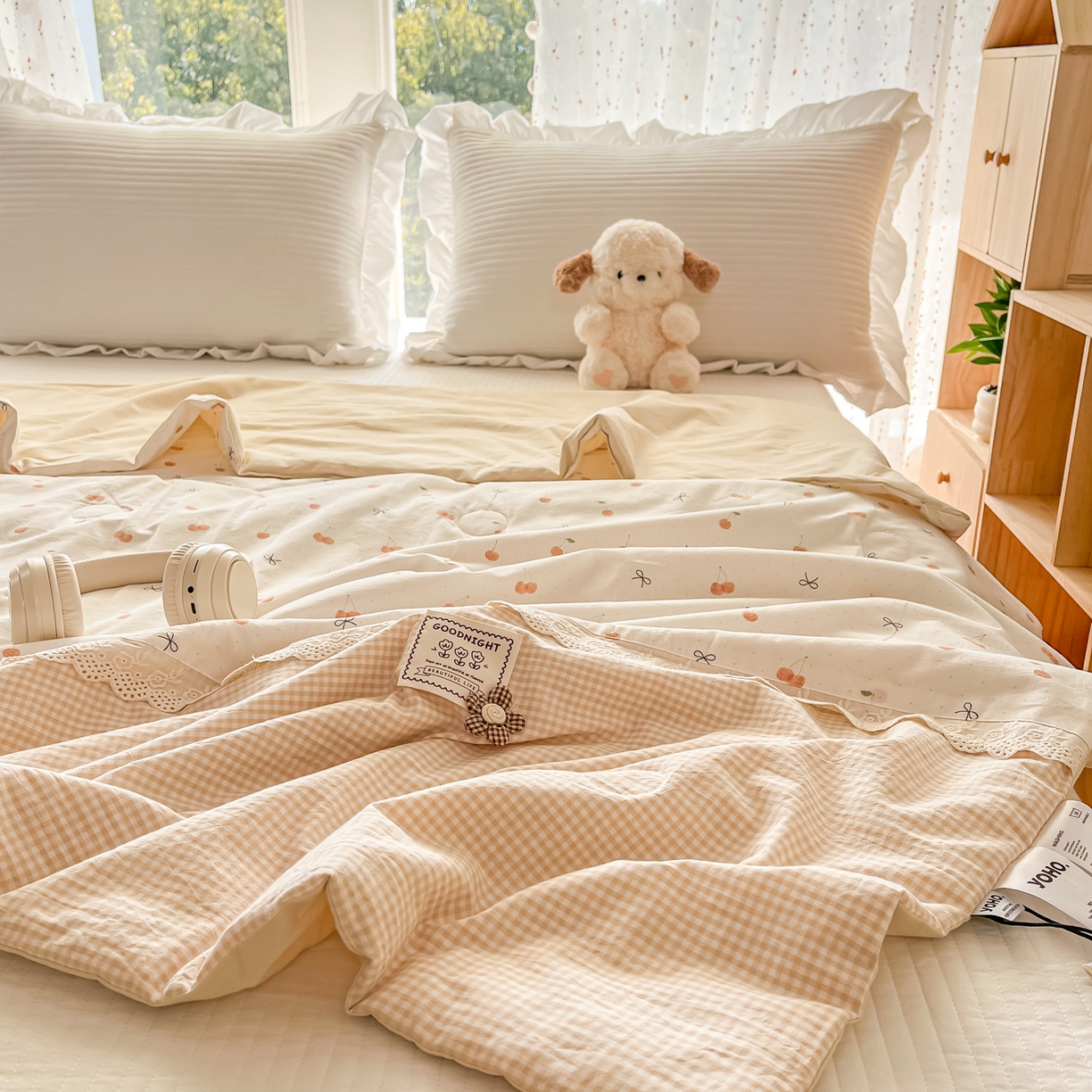 91家纺网 家纺一手货源 找家纺 有货 2026新款全棉棉麻提花印花夏被春秋被被子被-格格花屿系列 蜜杏樱桃