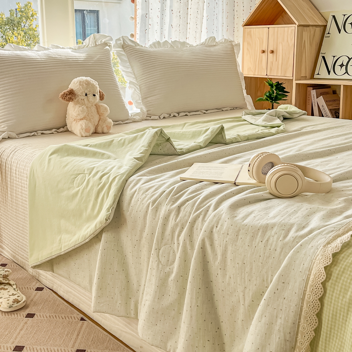 91家纺网 家纺一手货源 找家纺 有货 2026新款全棉棉麻提花印花夏被春秋被被子被-格格花屿系列 爱心抹茶