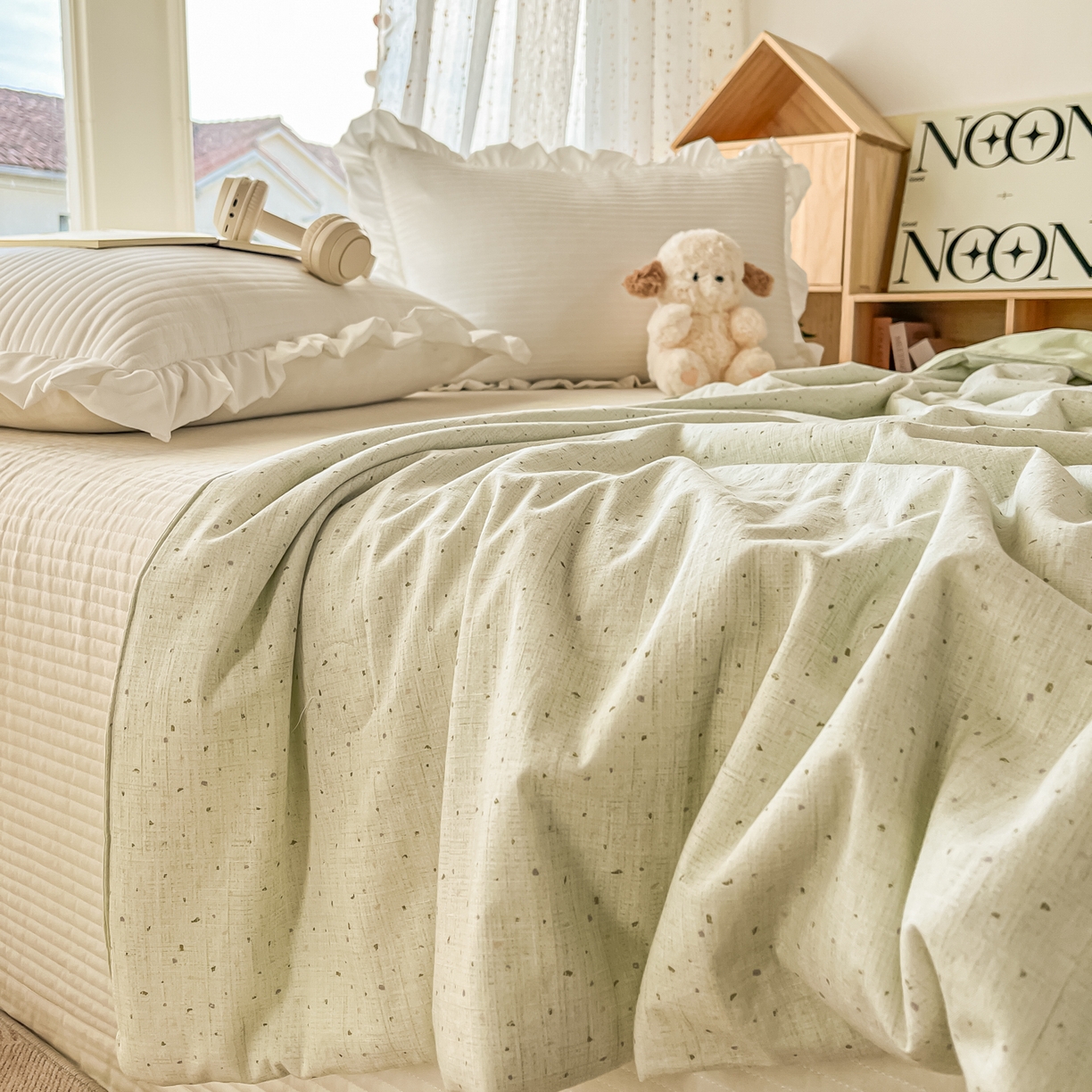 91家纺网 家纺一手货源 找家纺 有货 2026新款全棉棉麻提花印花夏被春秋被被子被-格格花屿系列 爱心抹茶