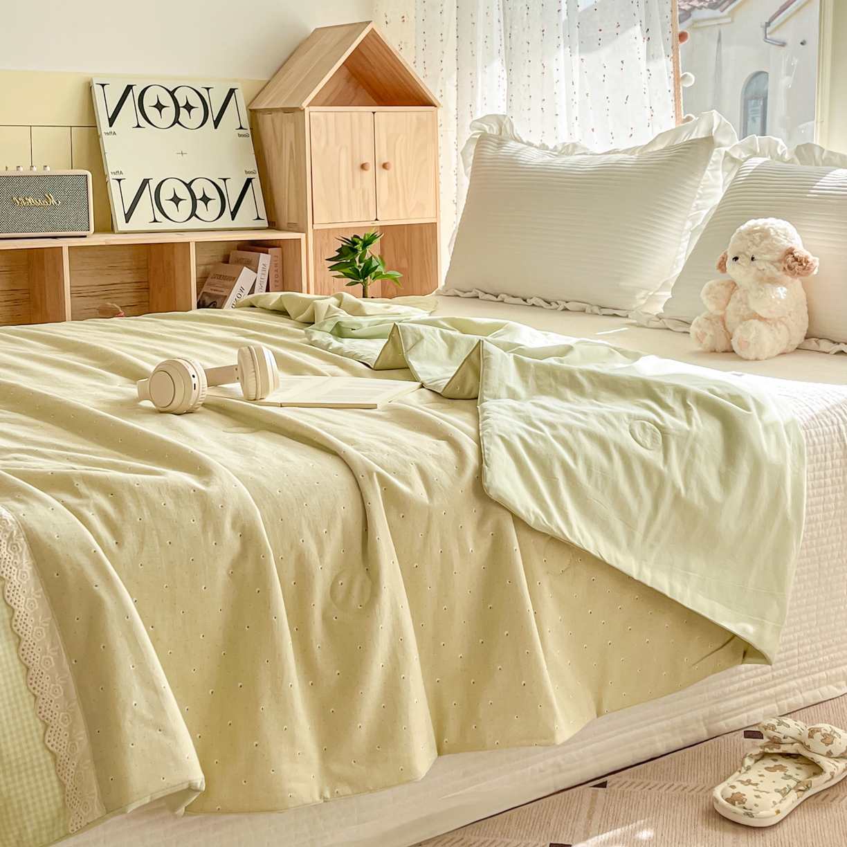 91家纺网 家纺一手货源 找家纺 有货 2026新款全棉棉麻提花印花夏被春秋被被子被-格格花屿系列 春绿星点