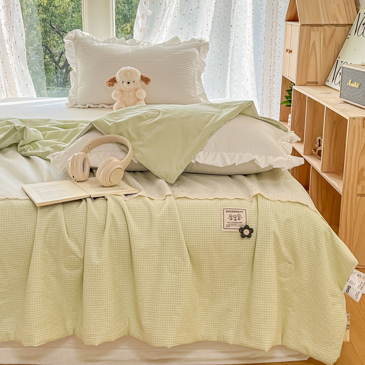 91家纺网 家纺一手货源 找家纺 有货 2026新款全棉棉麻提花印花夏被春秋被被子被-格格花屿系列 爱心抹茶