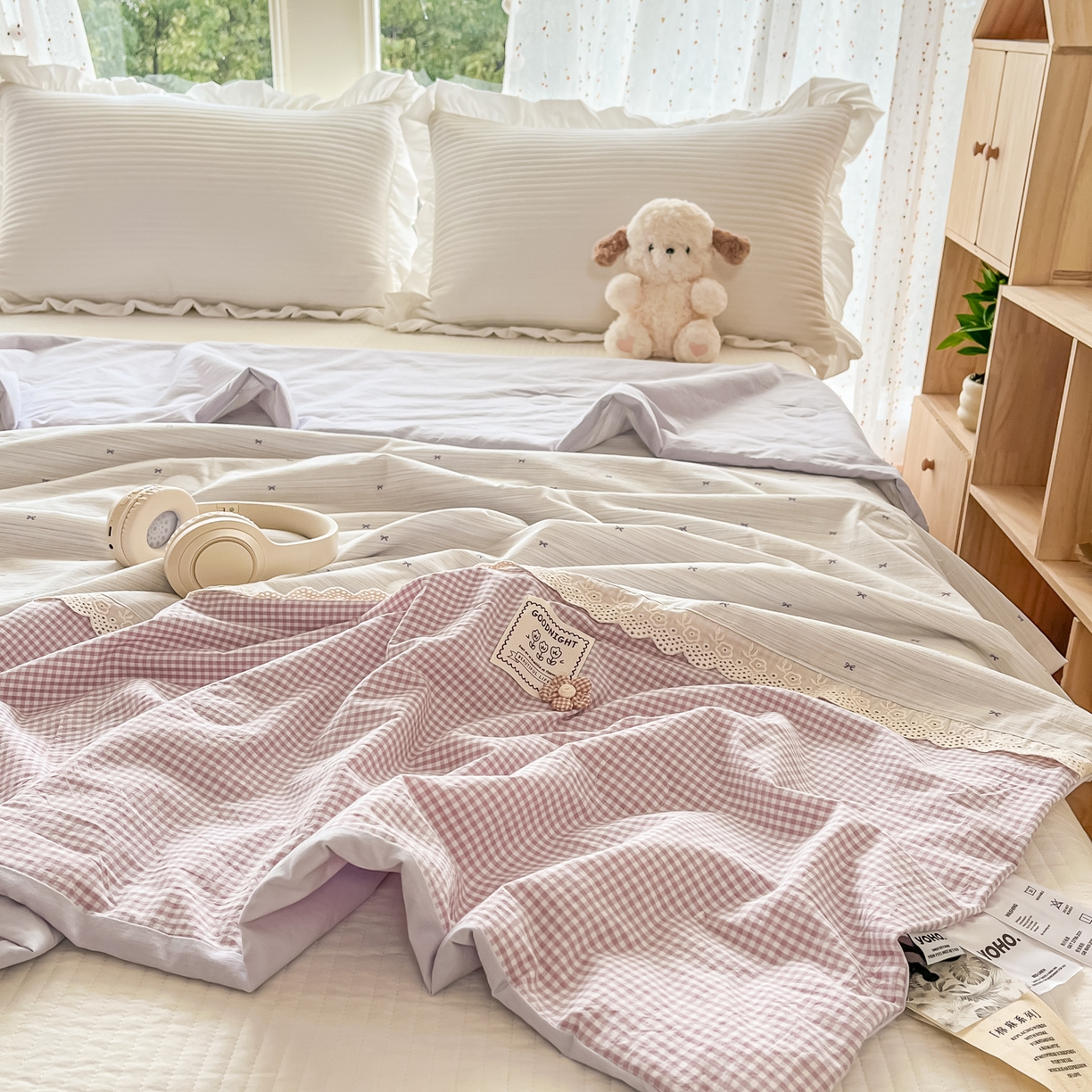 91家纺网 家纺一手货源 找家纺 有货 2026新款全棉棉麻提花印花夏被春秋被被子被-格格花屿系列 芋泥条纹