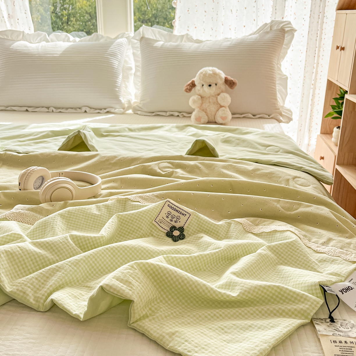 91家纺网 家纺一手货源 找家纺 有货 2026新款全棉棉麻提花印花夏被春秋被被子被-格格花屿系列 春绿星点