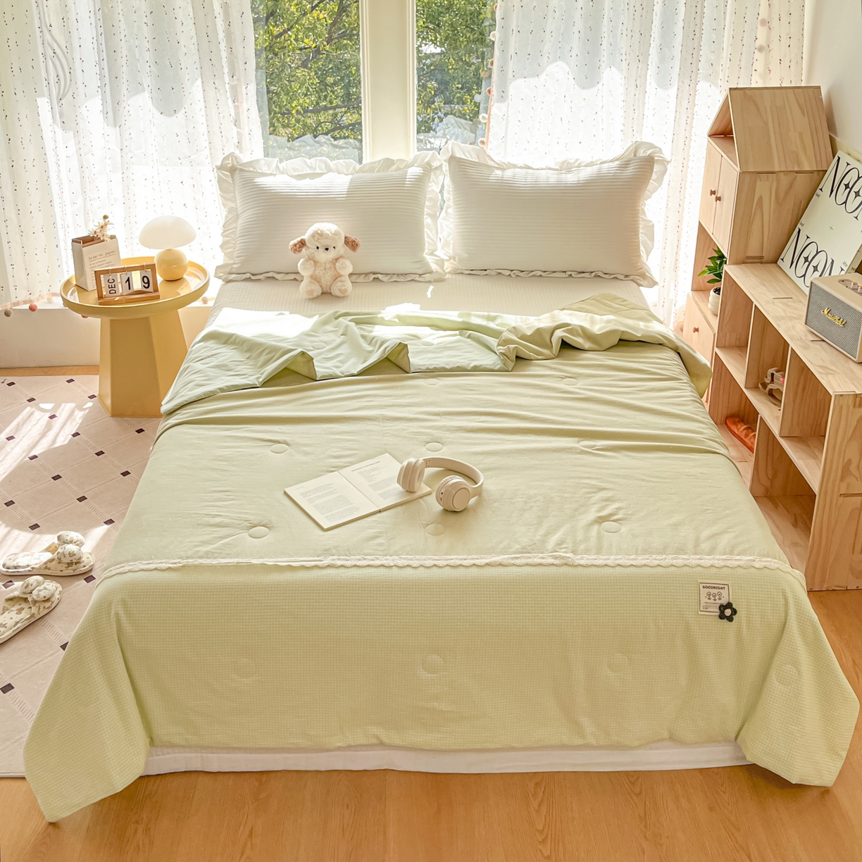 91家纺网 家纺一手货源 找家纺 有货 2026新款全棉棉麻提花印花夏被春秋被被子被-格格花屿系列 春绿星点