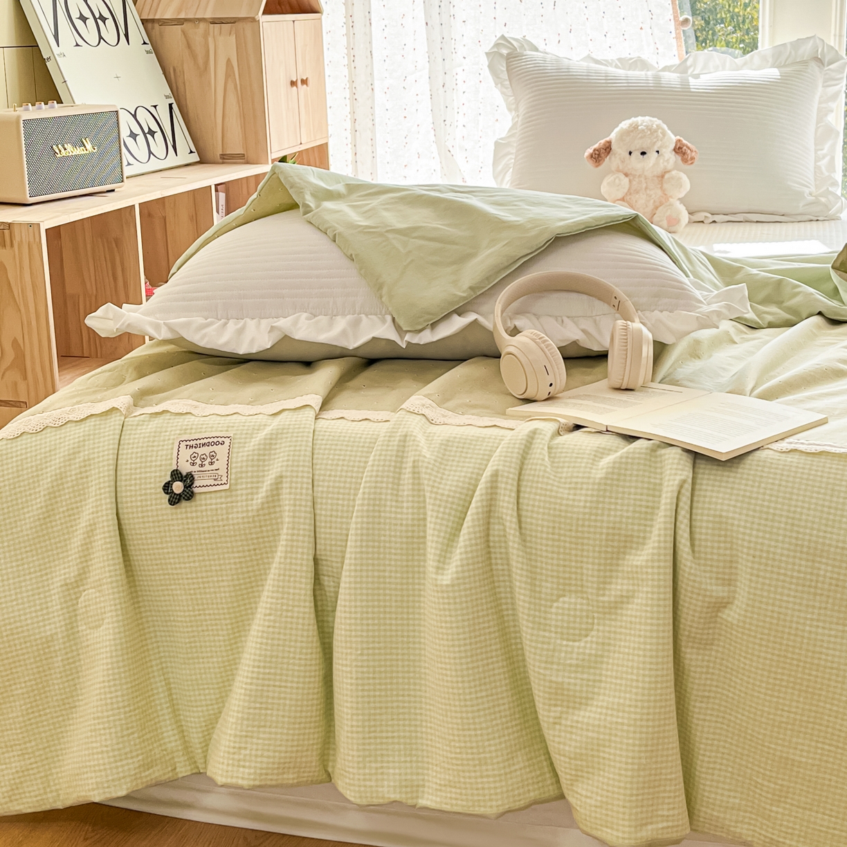 91家纺网 家纺一手货源 找家纺 有货 2026新款全棉棉麻提花印花夏被春秋被被子被-格格花屿系列 春绿星点