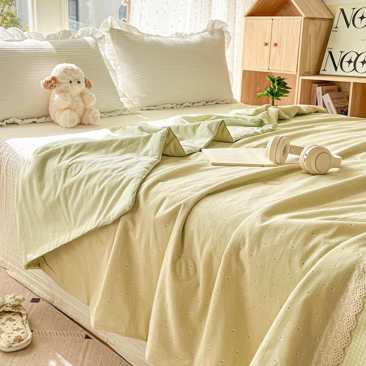 91家纺网 家纺一手货源 找家纺 有货 2026新款全棉棉麻提花印花夏被春秋被被子被-格格花屿系列 春绿星点