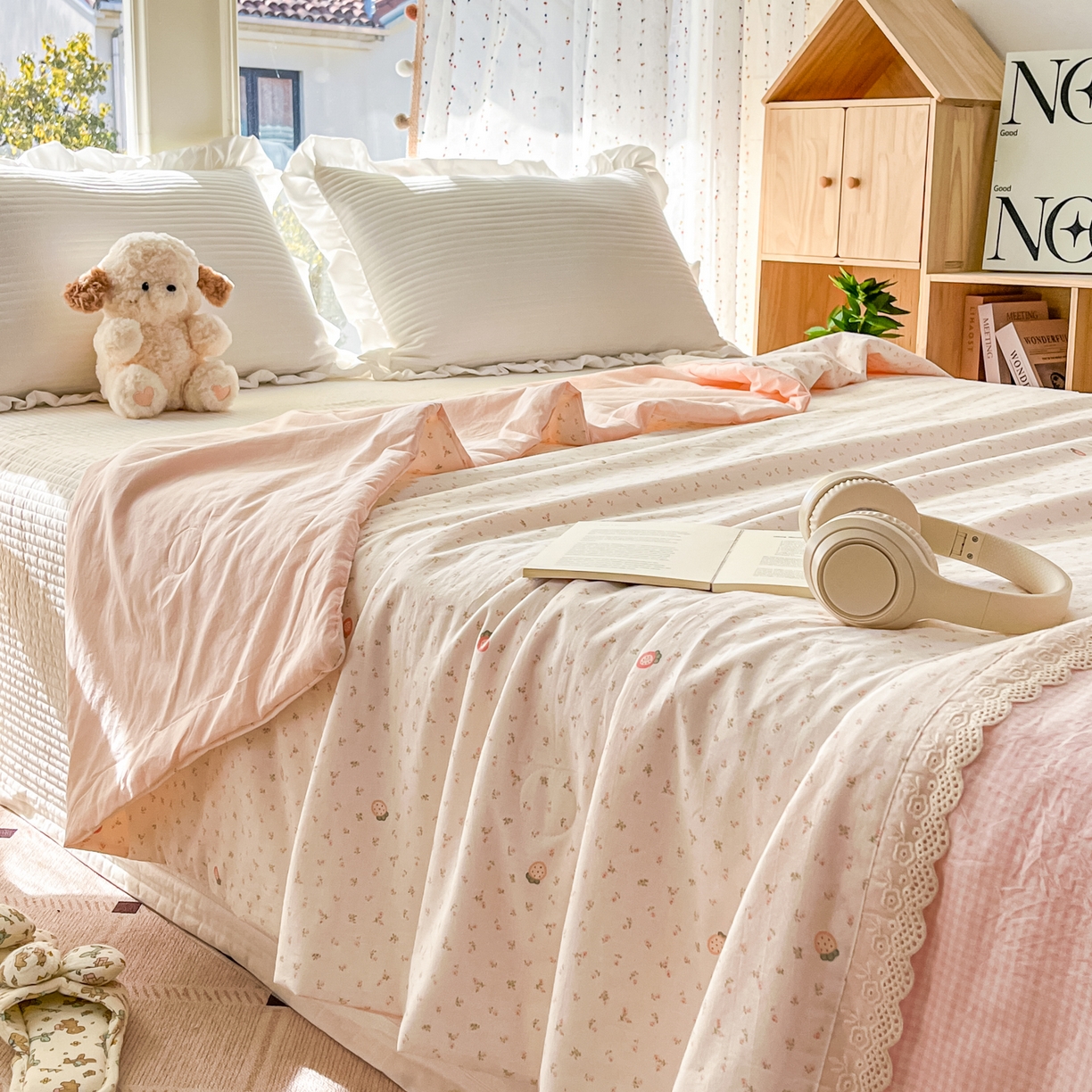 91家纺网 家纺一手货源 找家纺 有货 2026新款全棉棉麻提花印花夏被春秋被被子被-格格花屿系列 粉莓朵朵