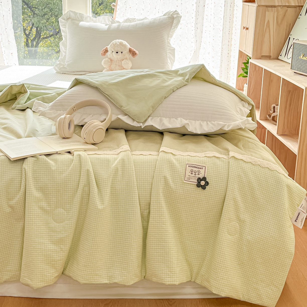 91家纺网 家纺一手货源 找家纺 有货 2026新款全棉棉麻提花印花夏被春秋被被子被-格格花屿系列 春绿星点