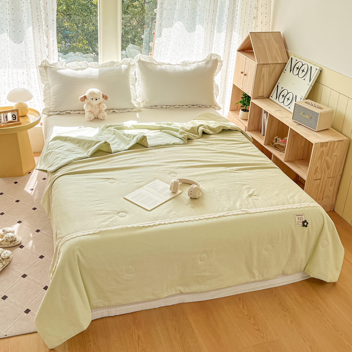 91家纺网 家纺一手货源 找家纺 有货 2026新款全棉棉麻提花印花夏被春秋被被子被-格格花屿系列 春绿星点