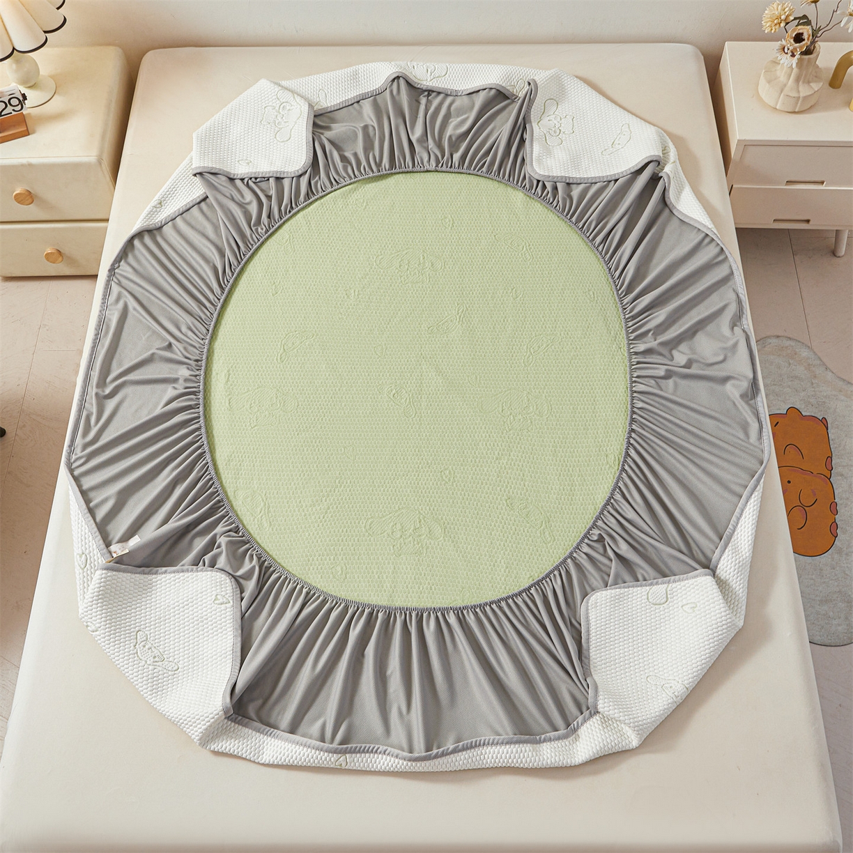 91家纺网 家纺一手货源 找家纺 恒爱家纺 2026新款冰豆豆冰丝床笠凉席席子凉席 大耳狗-绿