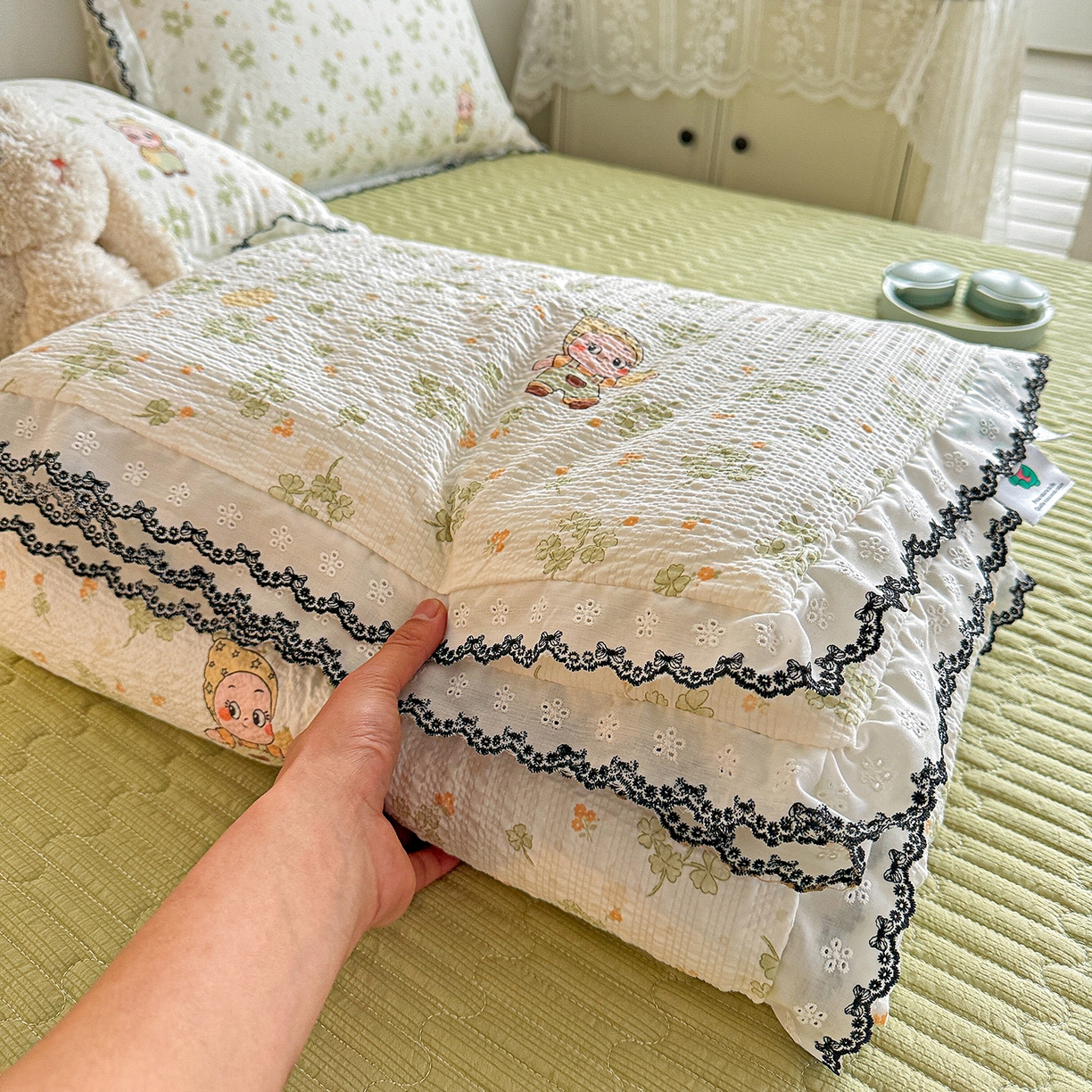 富米莱（原臻工厂） 2026春夏新款云感泡芙棉复古法式花边床盖床裙被套夏凉被四件套一小红书推荐 复古花边-幸运草语