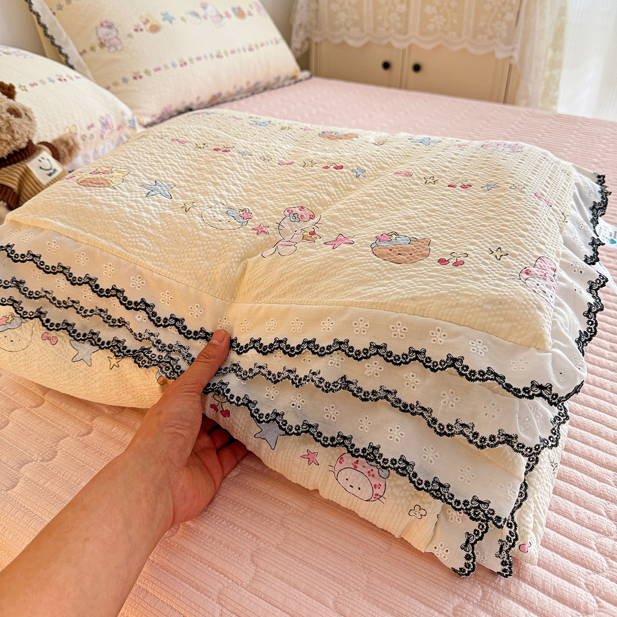 富米莱（原臻工厂） 2026春夏新款云感泡芙棉复古法式花边床盖床裙被套夏凉被四件套一小红书推荐 复古花边-星月童话