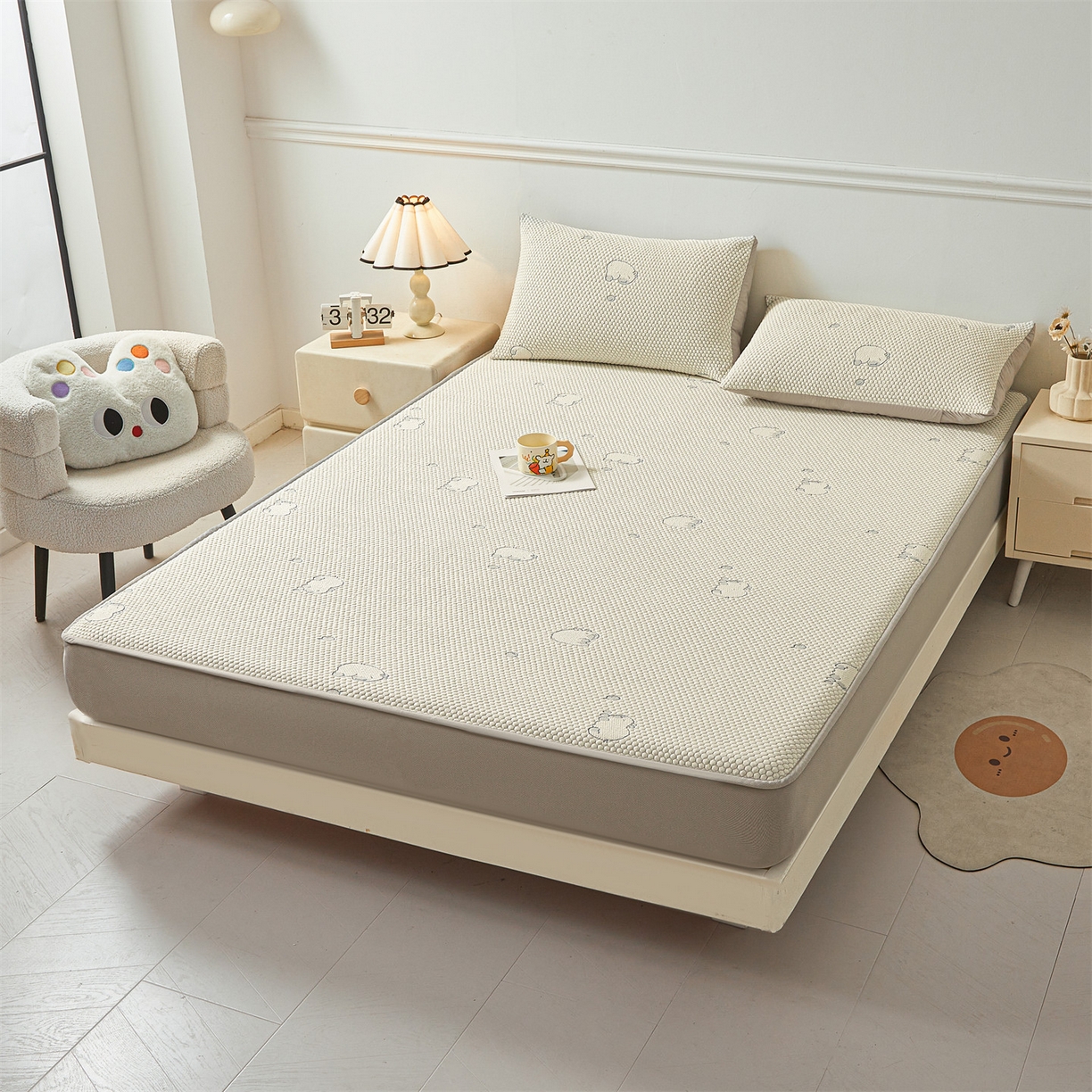 91家纺网 家纺一手货源 找家纺 恒爱家纺 2026新款冰豆豆冰丝床笠凉席席子凉席 卡皮巴拉-蓝