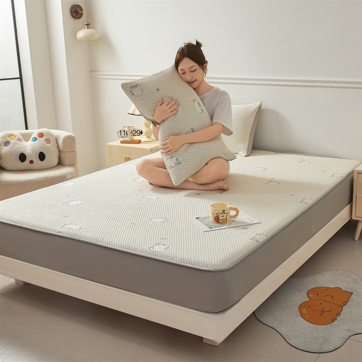 91家纺网 家纺一手货源 找家纺 恒爱家纺 2026新款冰豆豆冰丝床笠凉席席子凉席 卡皮巴拉-蓝