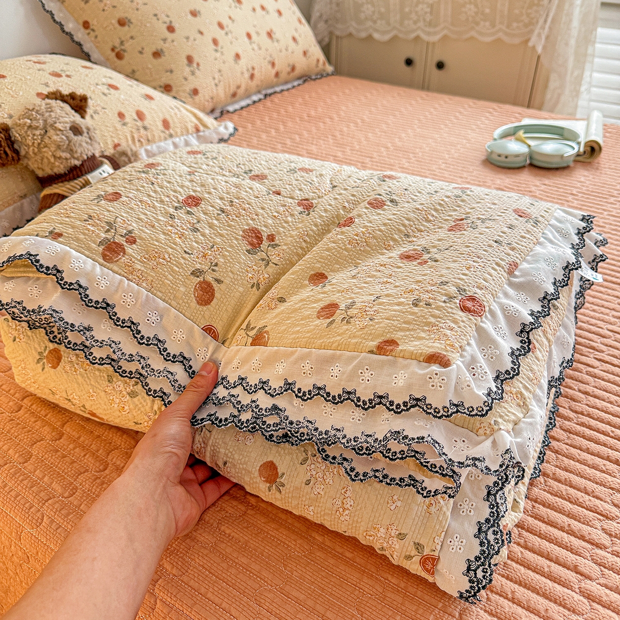 富米莱（原臻工厂） 2026春夏新款云感泡芙棉复古法式花边床盖床裙被套夏凉被四件套一小红书推荐 复古花边-秋日果园