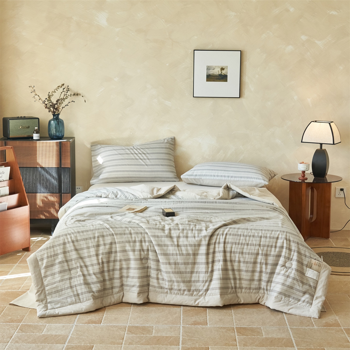 91家纺网 家纺一手货源 找家纺 恒爱家纺 2026春夏新款全棉棉麻夏被夏凉被空调被四件套系列 佰锦-浅灰